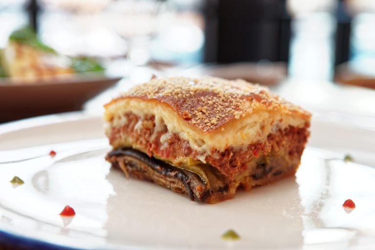 Moussaka, traditional Greek dish, on table